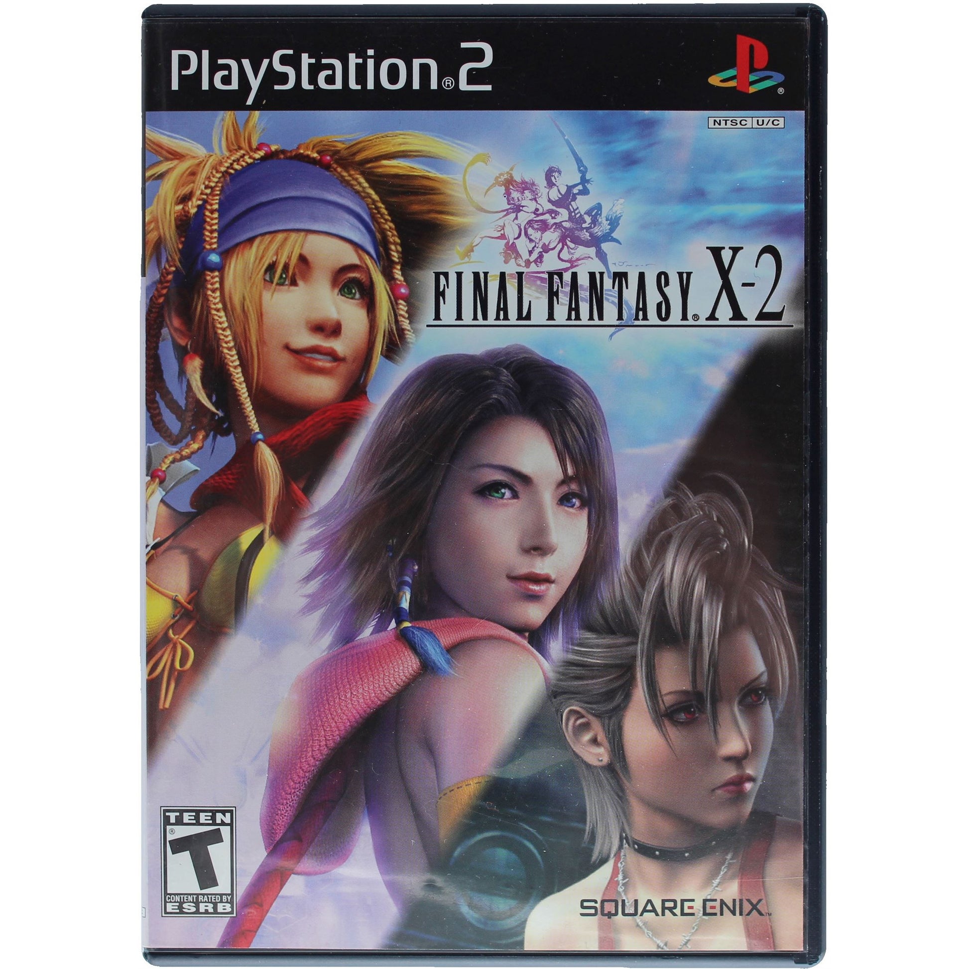 PlayStation 2 game case for 'Final Fantasy X-2' featuring three characters on a colorful background.