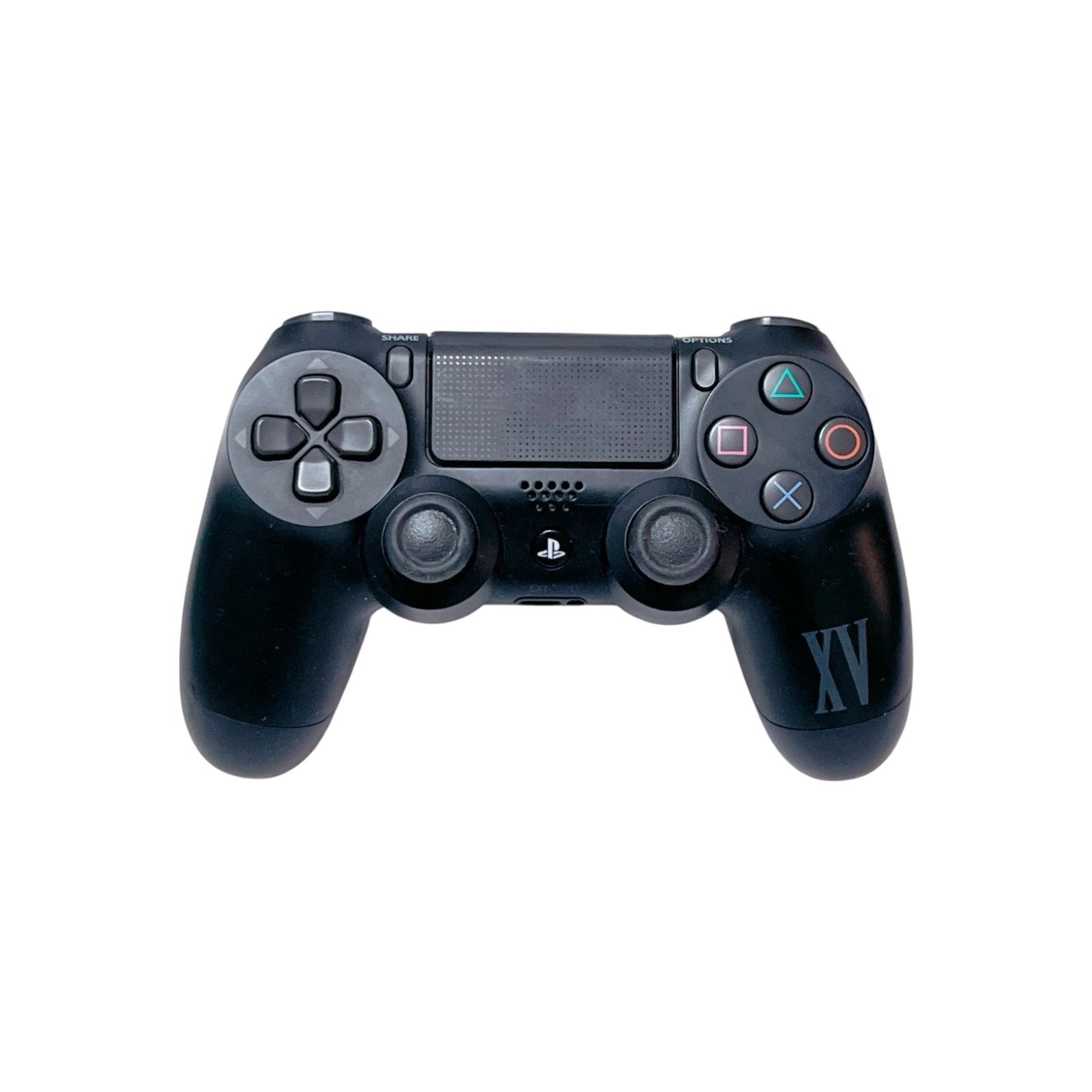 Black gaming controller on a white background