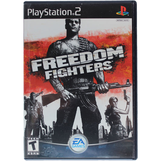 PlayStation 2 game case titled 'Freedom Fighters' with a soldier holding a gun on the cover.