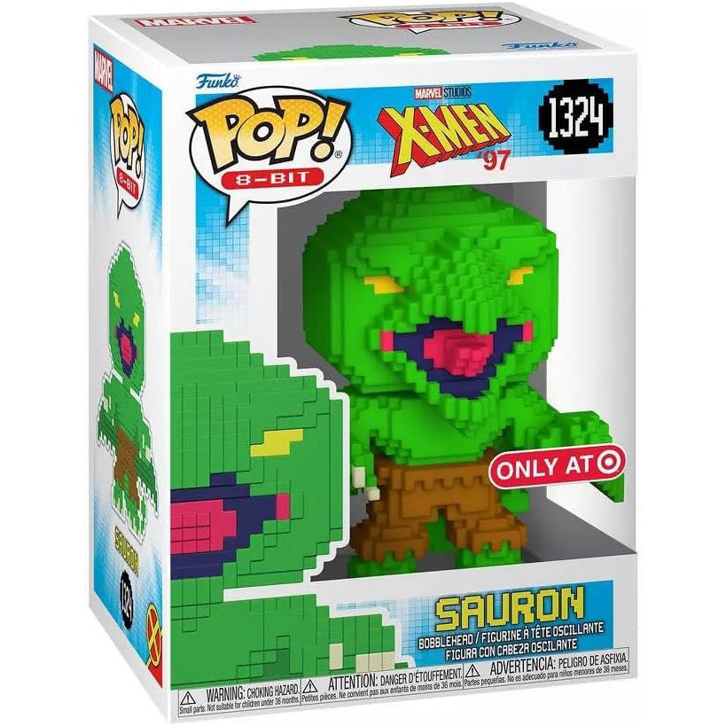 Funko Pop! Sauron figure packaging with 8-bit design, featuring Marvel branding.