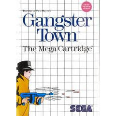 Cover of 'Gangster Town' Mega Cartridge for Sega, featuring a character in a yellow coat and hat with a gun.