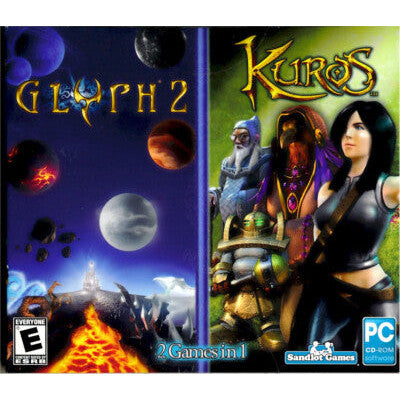 Two video game boxes, 'Glyph 2' and 'Kuros', side by side with space-themed and fantasy-themed artwork respectively.