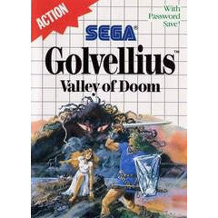 Cover of 'Sega Golvellius: Valley of Doom' video game with characters and text.