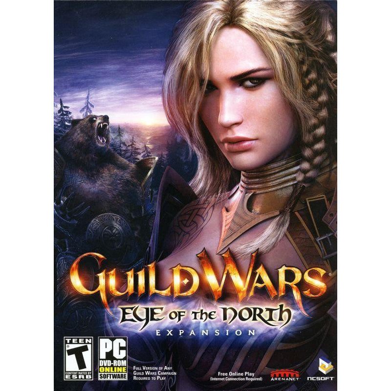 Cover of 'Guild Wars: Eye of the North' expansion with a character and bear illustration.