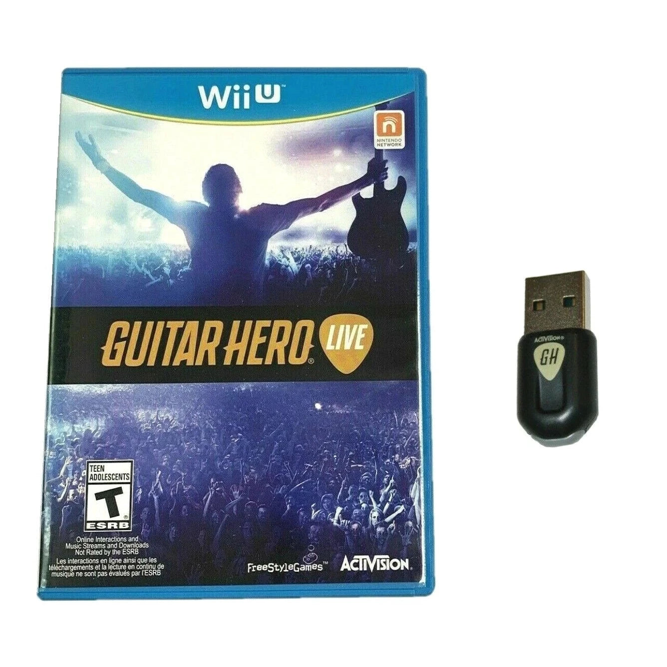 Guitar Hero Live game for Wii U with a USB adapter on a white background