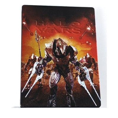 Halo Wars game cover with a warrior character and 'Halo Wars' text on a dark background