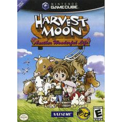 Harvest Moon game cover for GameCube with characters and animals on a blue sky background