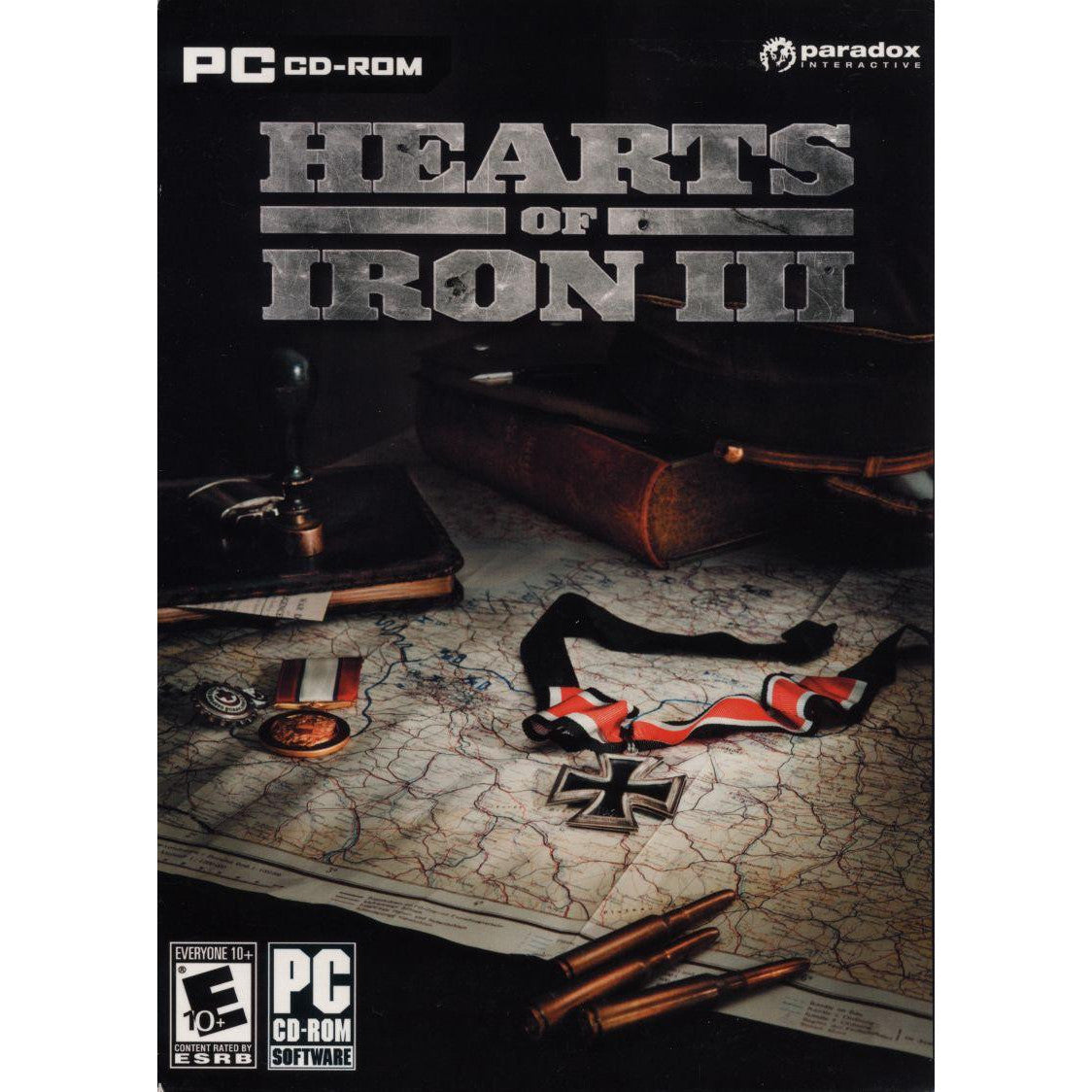 Cover of 'Hearts of Iron III' game with military items on a map