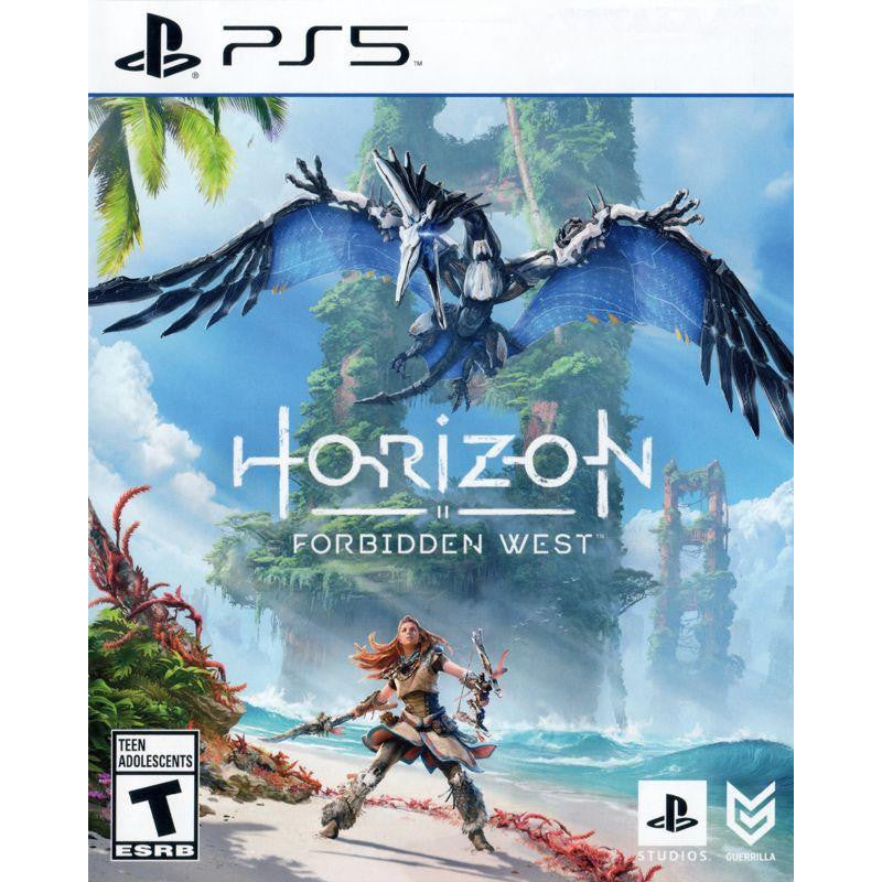 Game cover for 'Horizon Forbidden West' with a dragon and character on a beach, featuring the PS5 logo.