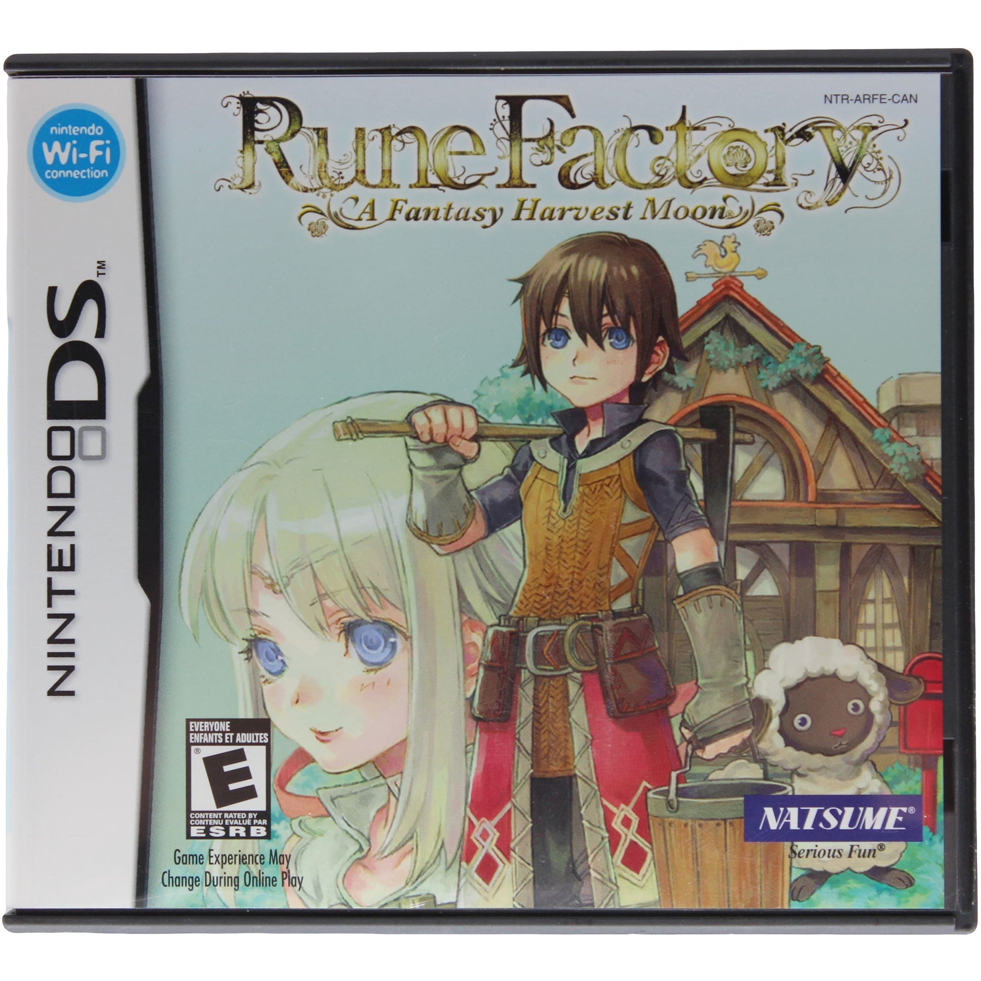 Nintendo DS game case for 'RuneFactory: A Fantasy Harvest Moon' with characters and house illustration.