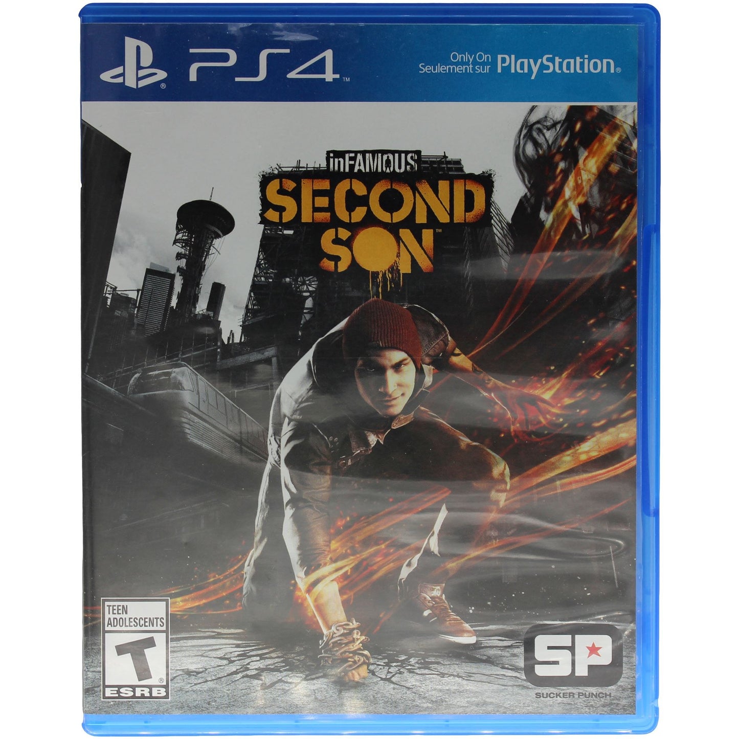 PlayStation 4 game case for 'inFAMOUS: Second Son' with a character in a hood and red beanie.