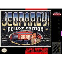 Super Nintendo Jeopardy! Deluxe Edition game box with colorful design and text.