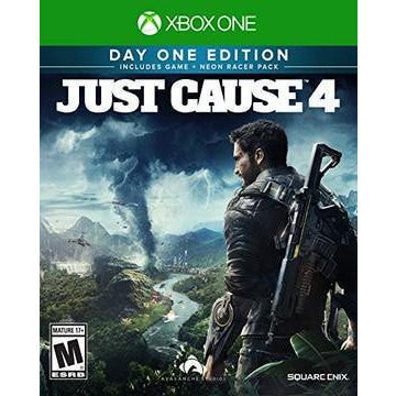 Game box for 'Just Cause 4' on Xbox One with a character holding a gun and mountainous landscape.