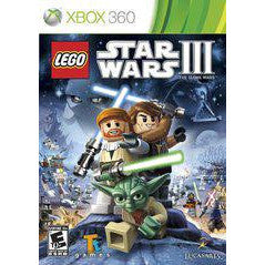 Cover of LEGO Star Wars III for Xbox 360 with characters and lightsabers.
