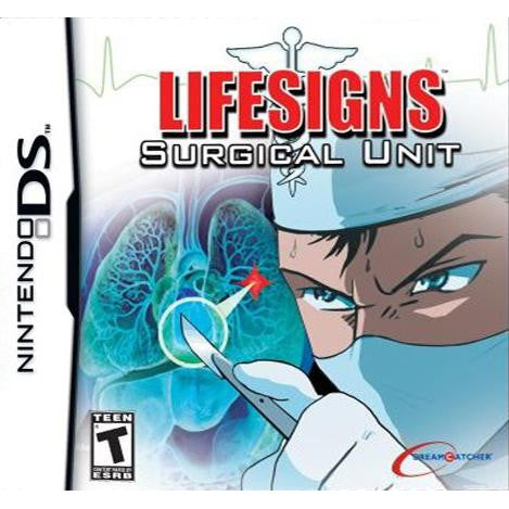 Video game cover for 'Lifesigns Surgical Unit' on Nintendo DS with an anime-style character and medical theme.