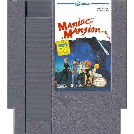 Maniac Mansion game cartridge with cover featuring characters and text