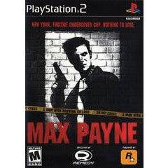 Max Payne game cover for PlayStation 2 with a black and white image of a man against a brick wall.