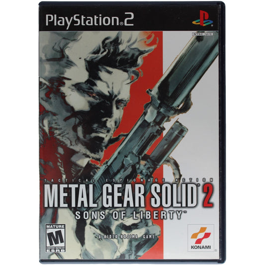 PlayStation 2 game case for 'Metal Gear Solid 2: Sons of Liberty' with a character holding a gun on the cover.