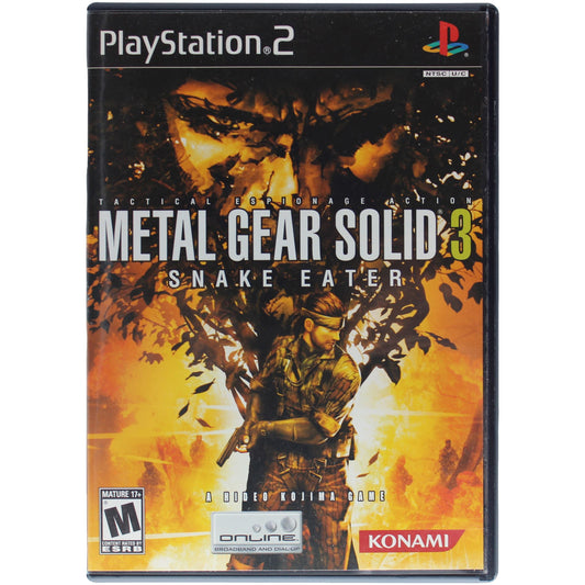 PlayStation 2 game case for 'Metal Gear Solid 3: Snake Eater' with action scene and character on cover.