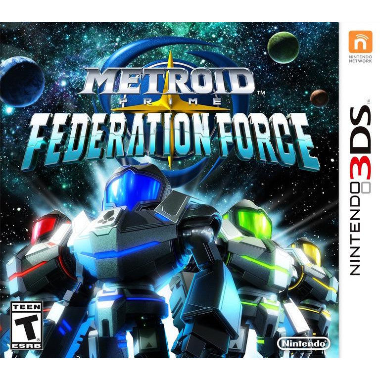 Game cover for 'Metroid Prime: Federation Force' on Nintendo 3DS with robots and space background.