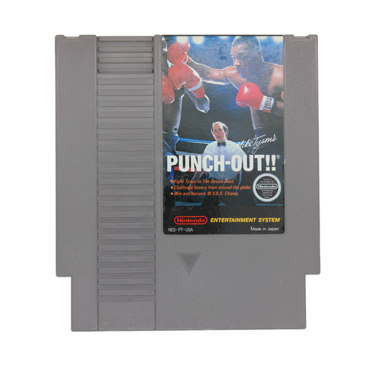 Nintendo Entertainment System game cartridge with 'Punch-Out!!' packaging on a white background