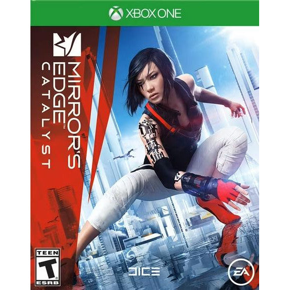 Game box for 'Mirror's Edge Catalyst' on Xbox One with a character in futuristic attire against a cityscape background.
