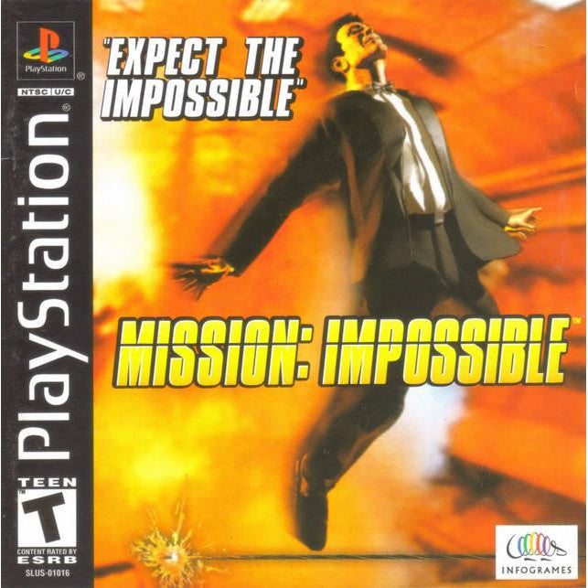 PlayStation game case for 'Mission: Impossible' with a character in a suit and tie on an orange background.
