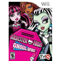 Monster High game cover for Wii with characters and pink game case.