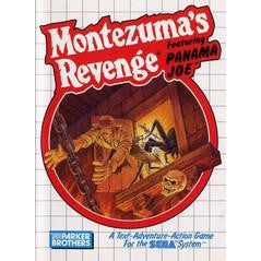 Vintage video game cover for 'Montezuma's Revenge featuring Panama Joe' on a grid background