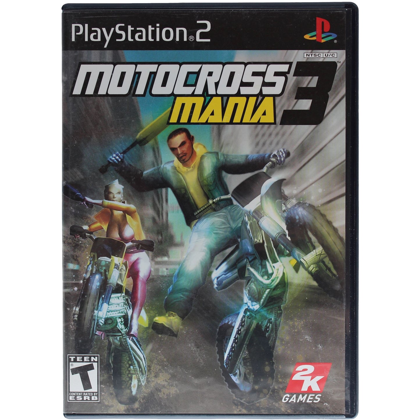 PlayStation 2 game cover for 'Motocross Mania 3' with two bikers in action.