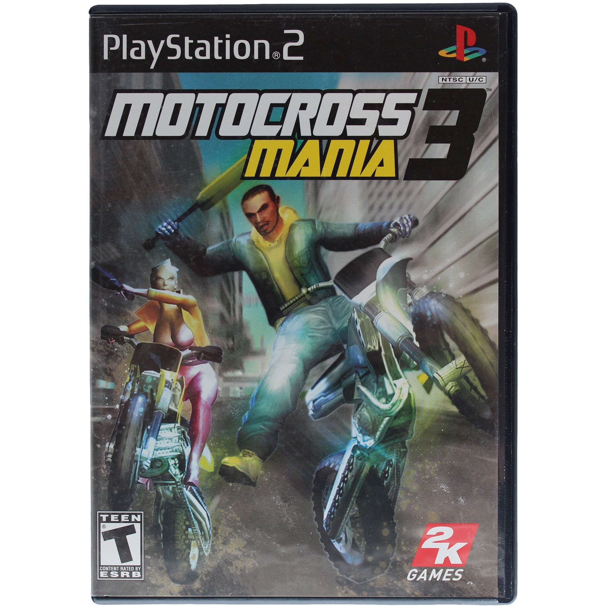 PlayStation 2 game cover for 'Motocross Mania 3' with two bikers in action.