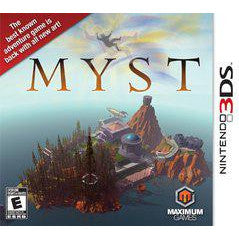 Box art for 'Myst' game on Nintendo 3DS with mountain and water landscape illustration.