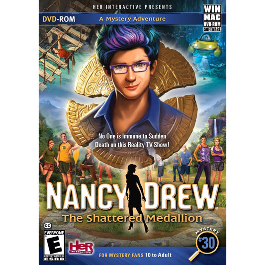 Nancy Drew: The Shattered Medallion game cover with a character and adventure elements.