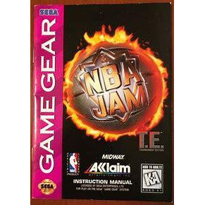Instruction manual cover for 'NBA Jam' on Sega Game Gear with branding elements.