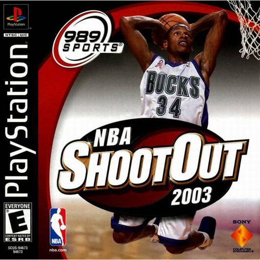 PlayStation game cover for 'NBA ShootOut 2003' featuring a basketball player in mid-air.