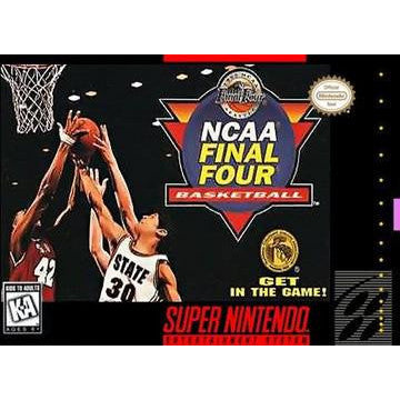 Super Nintendo game cover for 'NCAA Final Four Basketball' featuring basketball players and logos.