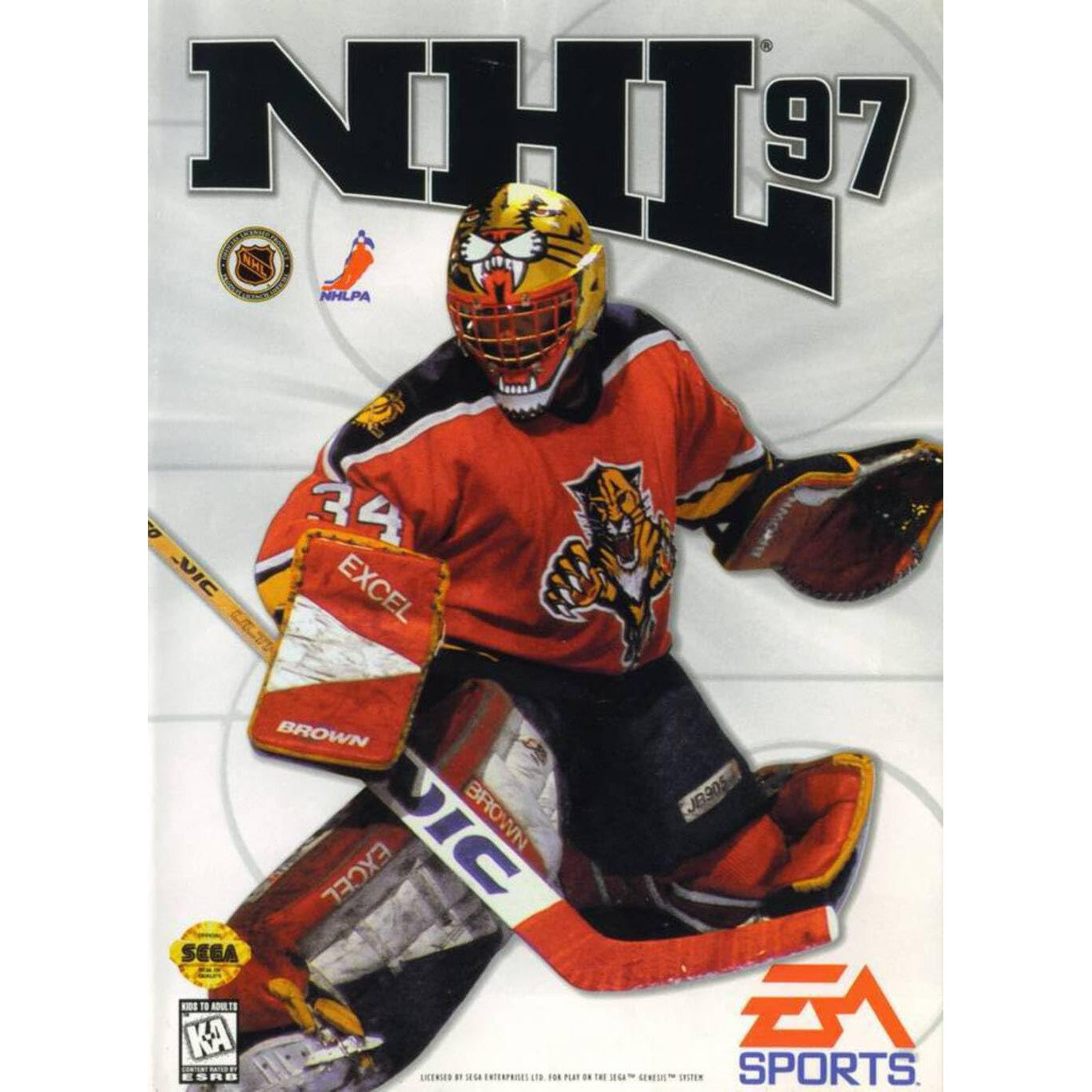 Cover of NHL 97 video game featuring a hockey player in a red jersey.