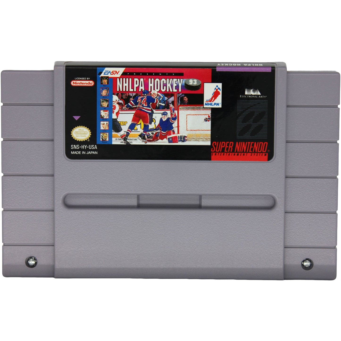Super Nintendo Entertainment System game cartridge with NHLPA Hockey game cover