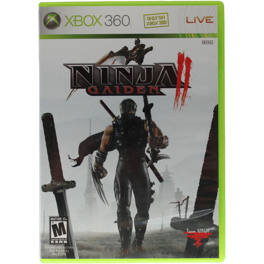 Ninja Gaiden II game box for Xbox 360 with a character holding weapons on a gray background.