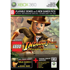 Promotional image for LEGO Indiana Jones game on Xbox 360 with character in cowboy hat and Indiana Jones outfit.