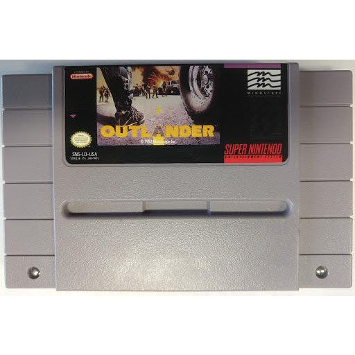 Super Nintendo game cartridge labeled 'Outlander' on a white background