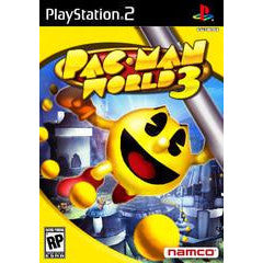 Pac-Man World 3 game cover for PlayStation 2 with Pac-Man character on yellow background