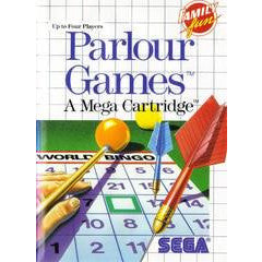 Sega Mega Drive cartridge cover for 'Parlour Games' with colorful game pieces on a blue background
