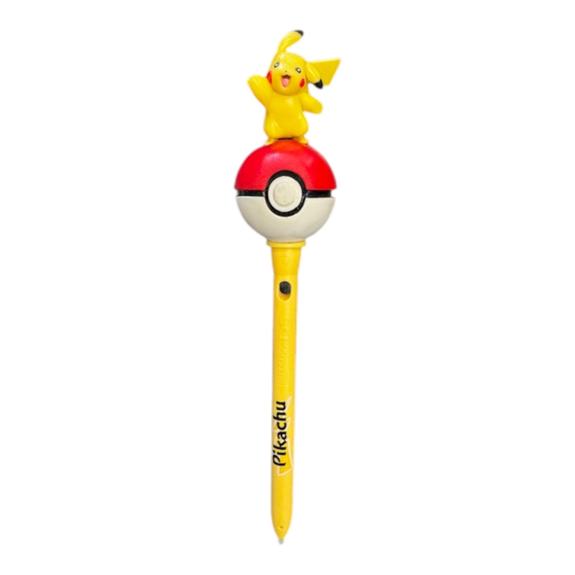 Pikachu character on a Poké Ball with a yellow stick, on a white background