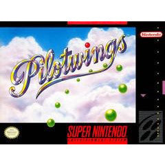 Title screen of 'Pilotwings' for Super Nintendo with clouds and green objects.
