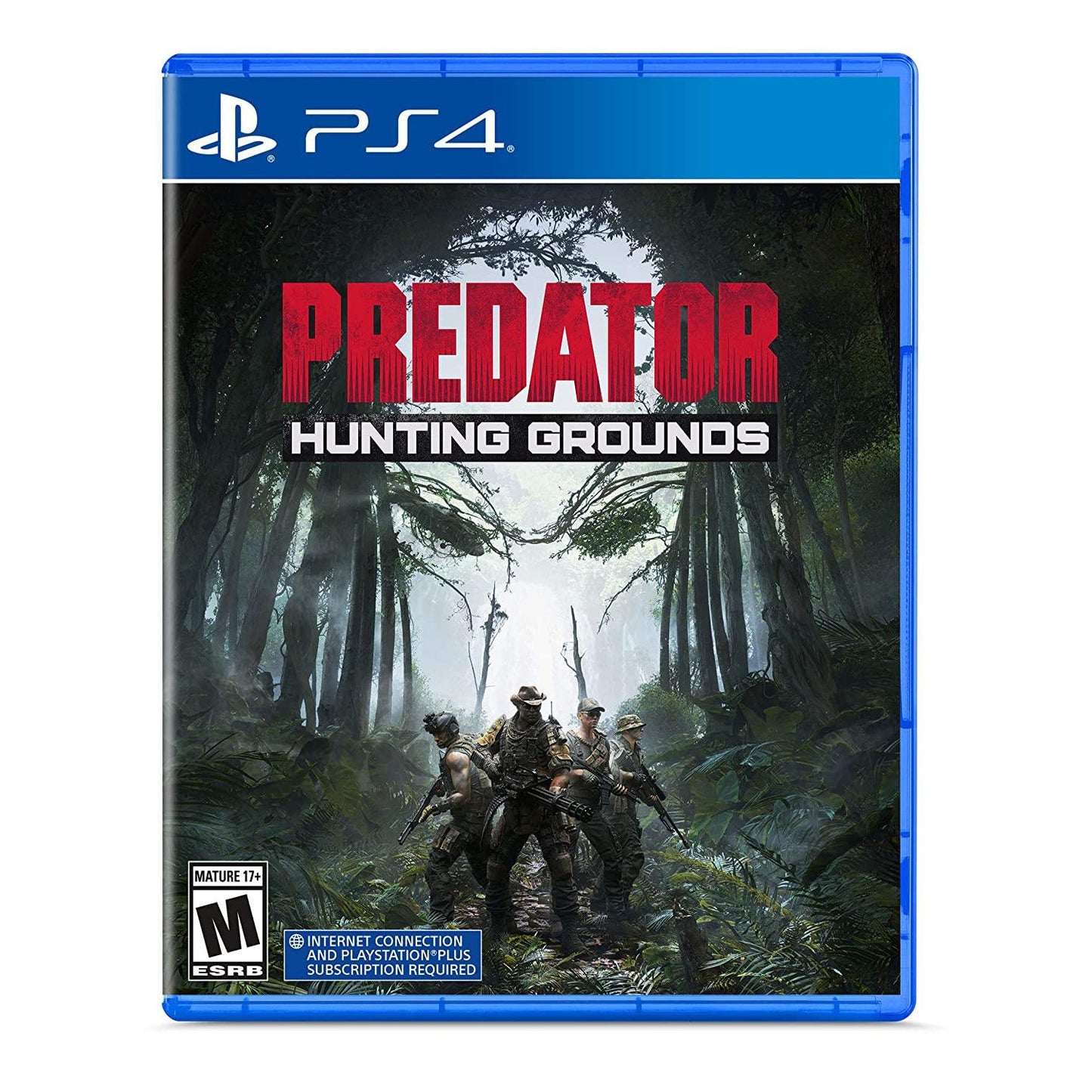 Video game case for 'Predator Hunting Grounds' on PS4 with forest scene and characters.