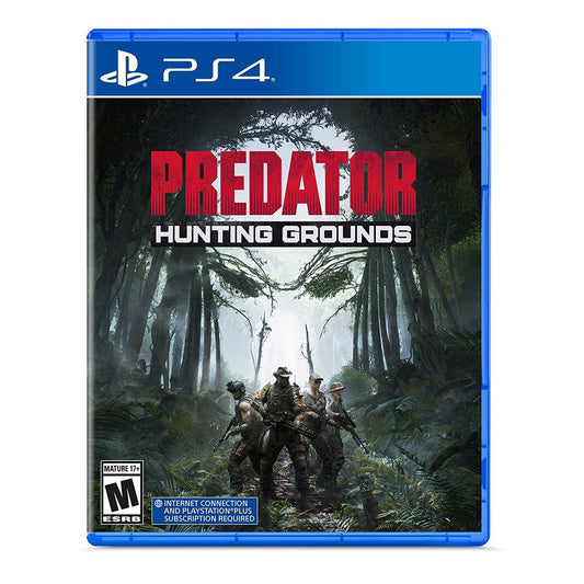 Video game case for 'Predator Hunting Grounds' on PS4 with forest scene and characters.