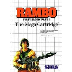 Cover of 'Rambo: First Blood Part II' for Sega MegaCartridge with a grid background