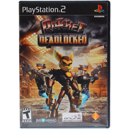 PlayStation 2 game case for 'Ratchet & Clank: A Crack in Time' with Ratchet and Clank on a dark background.