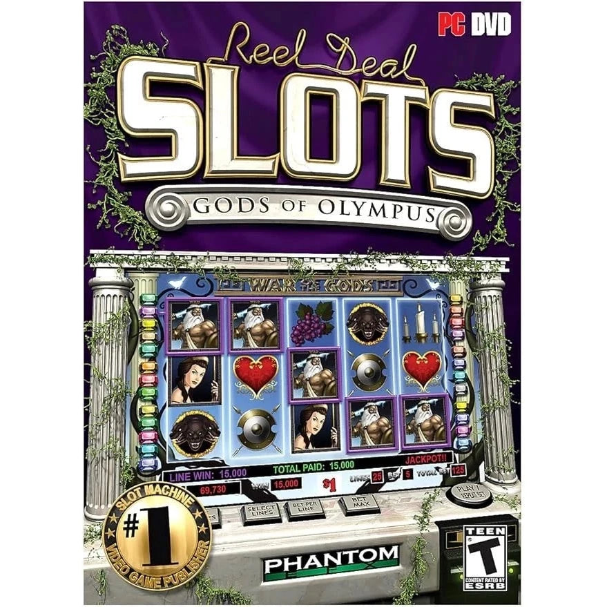 Box cover of 'Reel Deal Slots: Gods of Olympus' on a purple background with slot machine graphics.